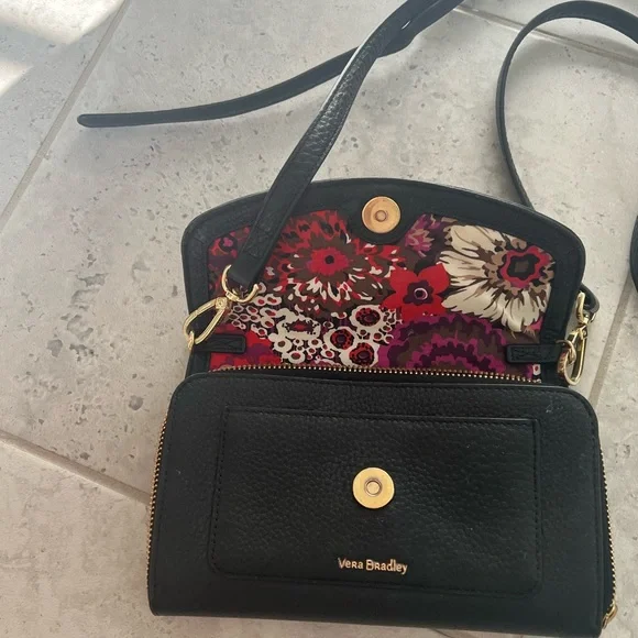 Like New Vera Bradley Black 100% Leather Crossbody Bag with Gold Accents - Picture 5 of 6